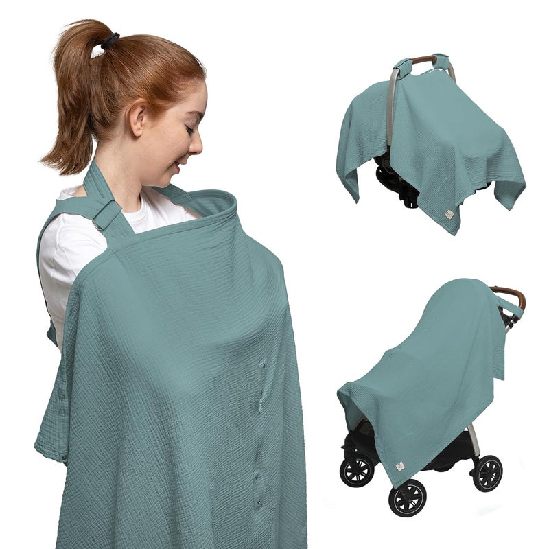 Nilsa 5-in-1 Muslin Nursing Cover up for Breastfeeding & Baby Car Seat Cover - Breathable Breastfeeding Cover With Rigid Hoop - 100% Cotton Privacy Apron Breast Feeding Covers For Women (Mint green) - Image 1